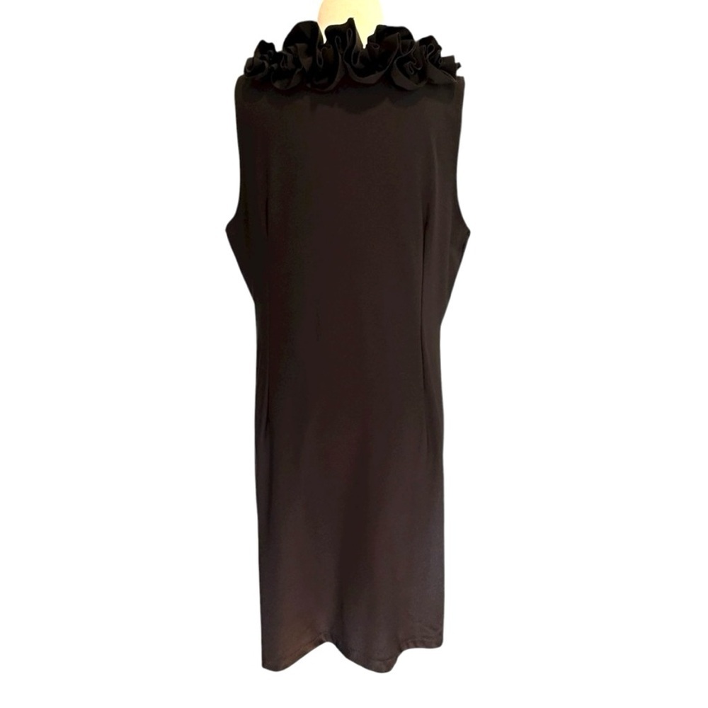 Katherine Way Black Rose Ruffled Neck Sleeveless Stretch Performance LBD Large - Picture 3 of 9